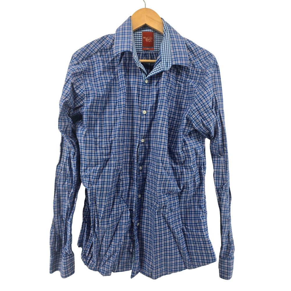 Original Penguin Button Down Shirt Men 16 Blue Plaid Slim Fit Long Sleeve Cotton